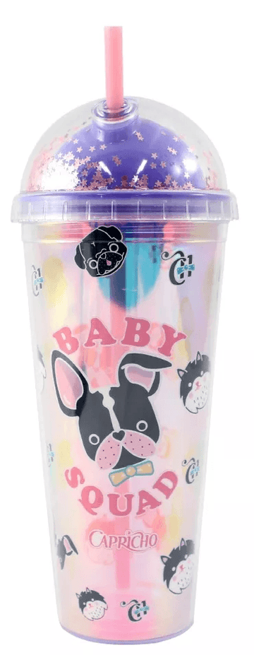 Copo Canudo 750 ml Holográfico Tampa Redonda - Baby Squad