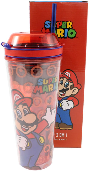 Copo Com Tampa e Canudo 2 em 1 - Super Mario