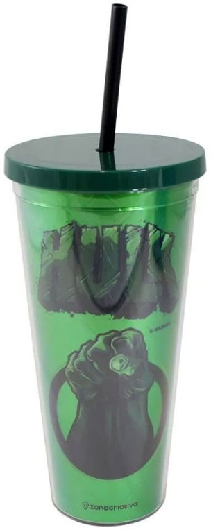 Copo com Tampa e Canudo com Efeito Metálico Hulk