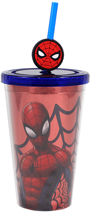Copo Com Tampa e Canudo - Homem Aranha com Efeito Metálico