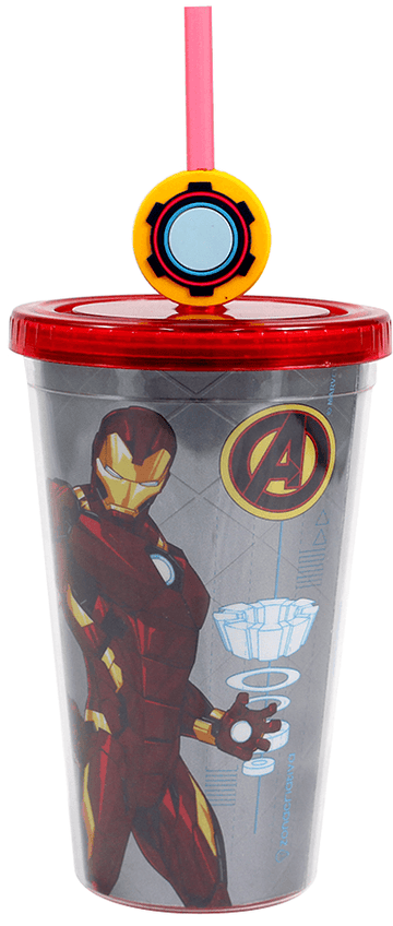 Copo Com Tampa e Canudo - Homem de Ferro com Efeito Metálico