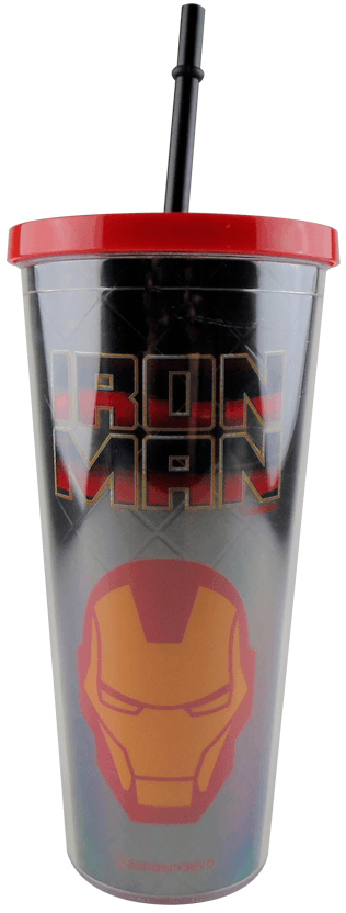 Copo Com Tampa e Canudo - Homem de Ferro com Efeito Metálico