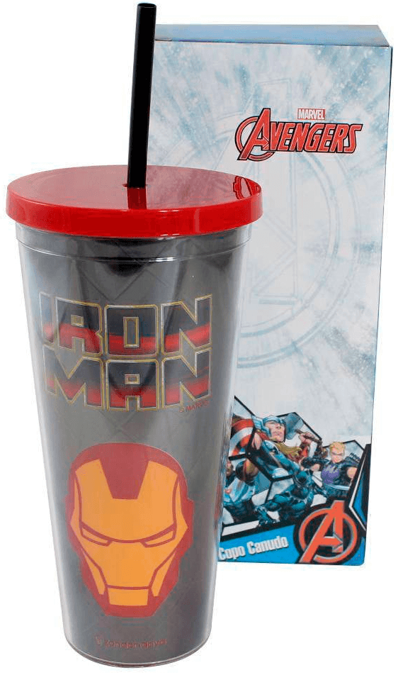 Copo Com Tampa e Canudo - Homem de Ferro com Efeito Metálico