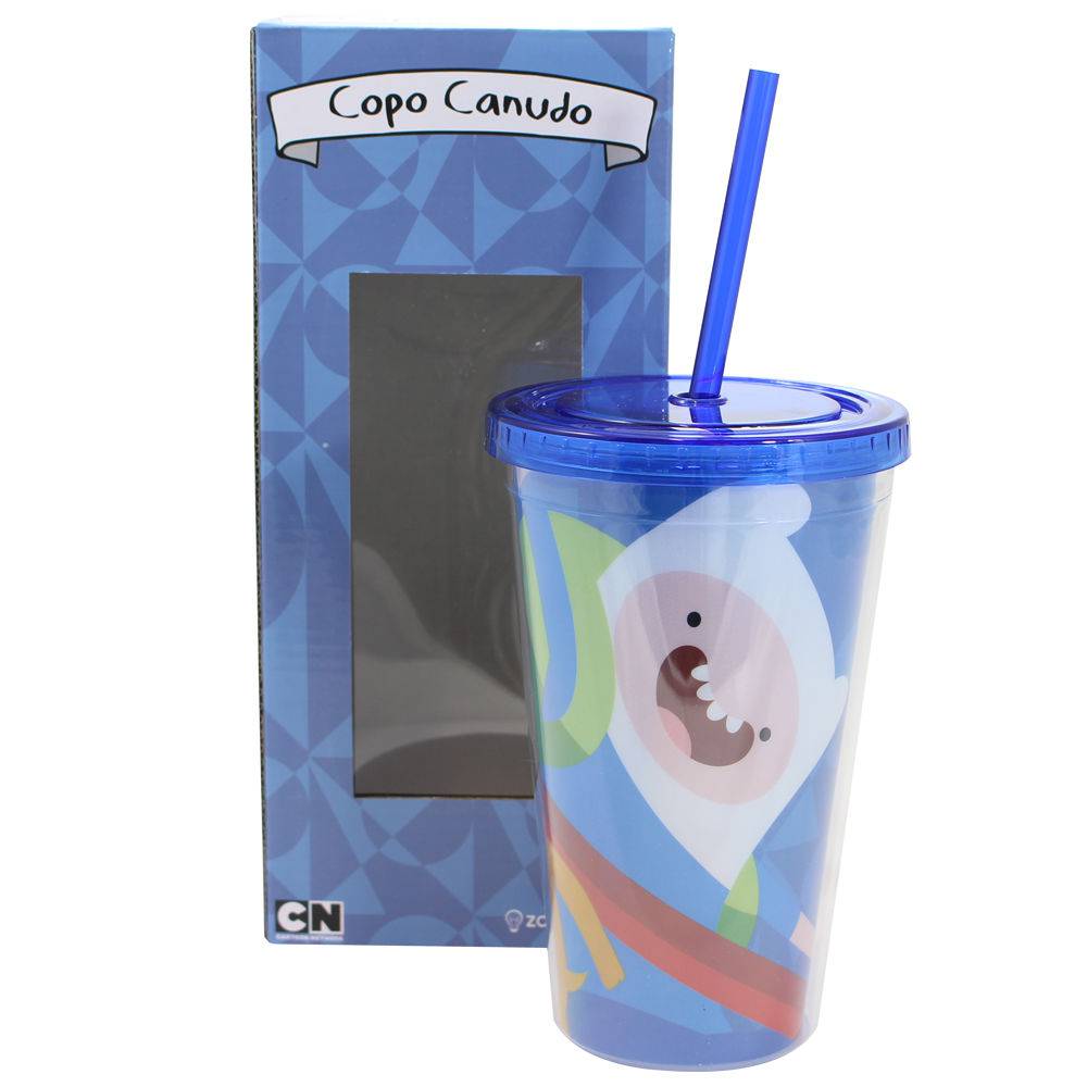 Copo Com Tampa e Canudo - Hora de Aventura - Finn e Jake