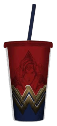 Copo Com Tampa e Canudo - Mulher Maravilha - Logo Vermelho e Azul