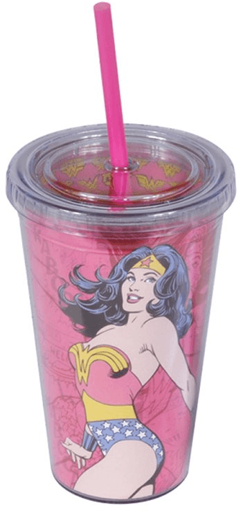 Copo Com Tampa e Canudo - Mulher Maravilha - Pink