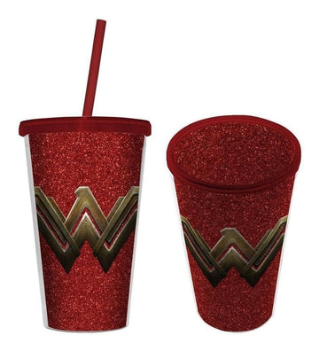 Copo Com Tampa e Canudo - Mulher Maravilha - Vermelho Glitter