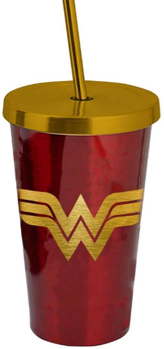 Copo com Tampa e Canudo Shinny - DC Comics - Wonder Woman