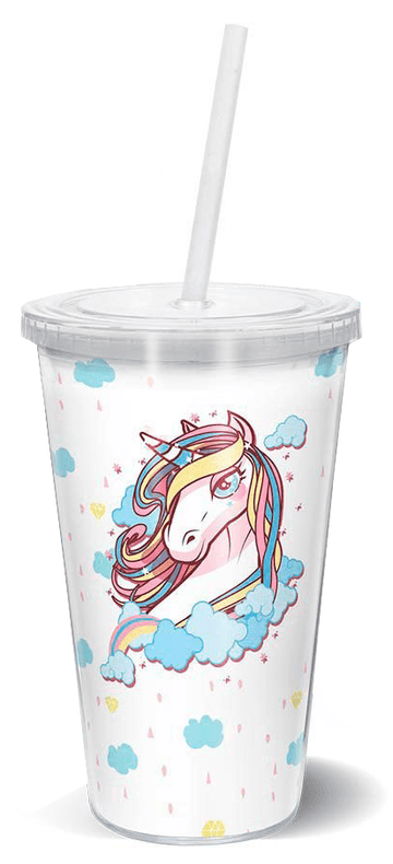 Copo Com Tampa e Canudo - Unicórnio Nuvem