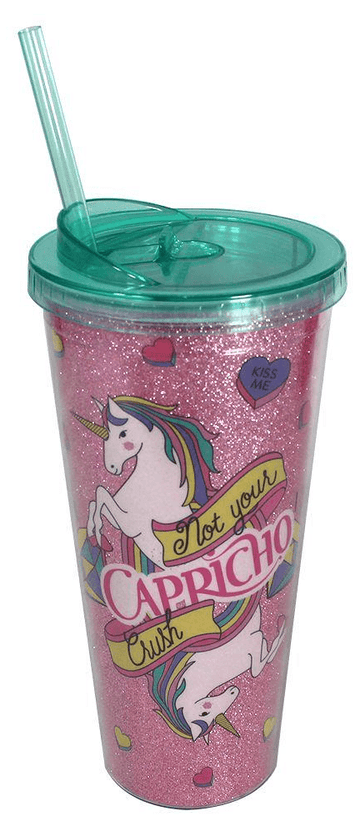 Copo Glitter com Tampa e Canudo - Unicórnio Fofinho