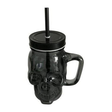 Copo Vidro Com Canudo Skull Preto - Caveira