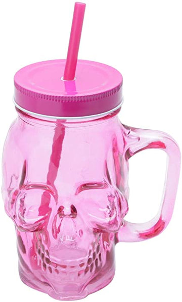 Copo Vidro Com Canudo Skull Rosa - Caveira