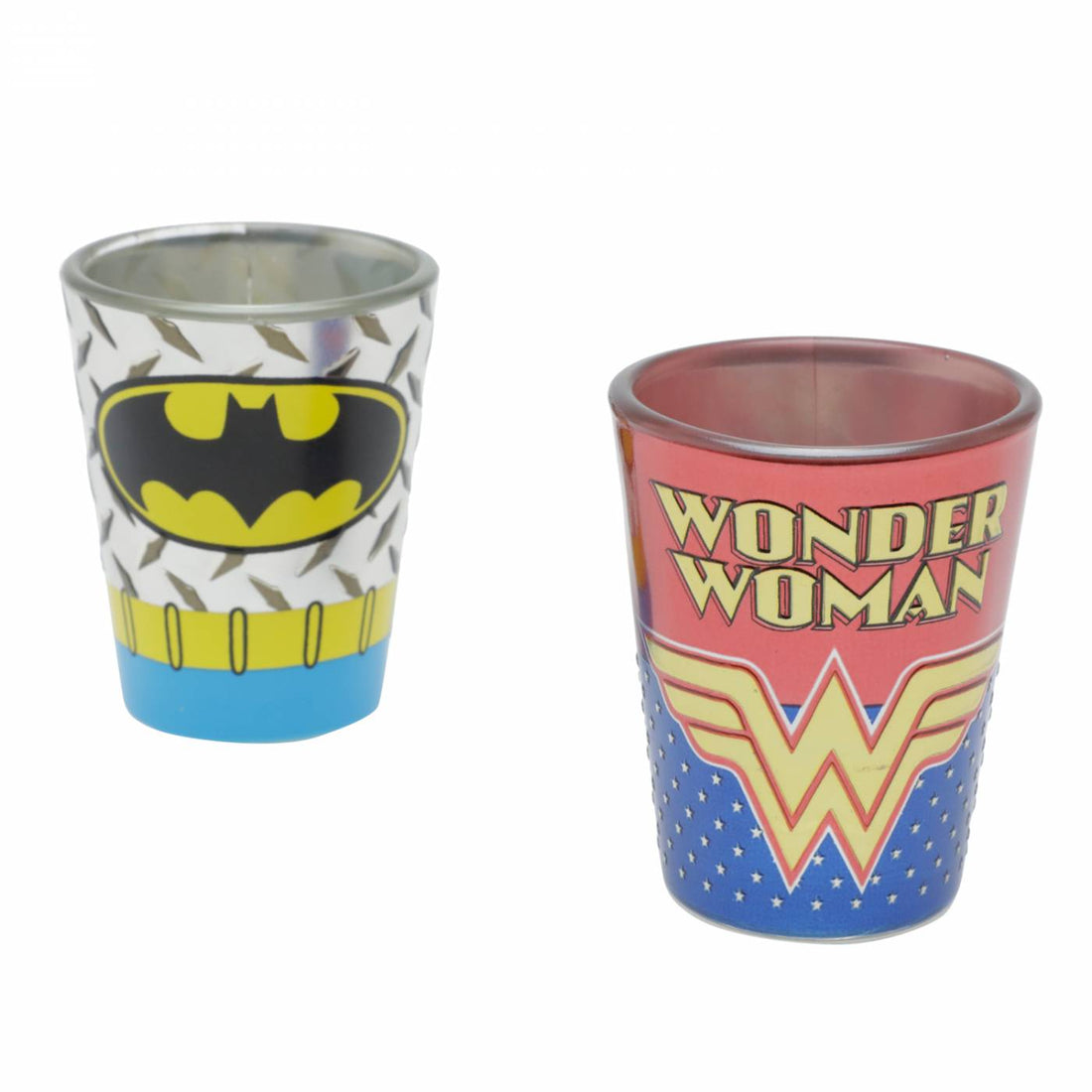 Copos Shot Metálicos - Mulher Maravilha e Batman