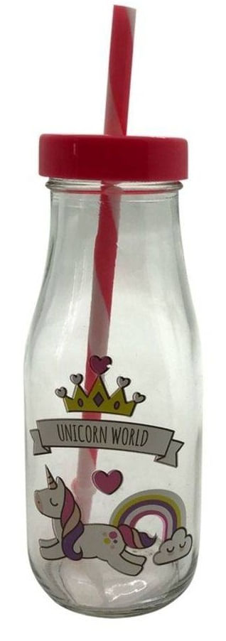 Garrafa Vidro com Canudo - Unicórnio Rosa