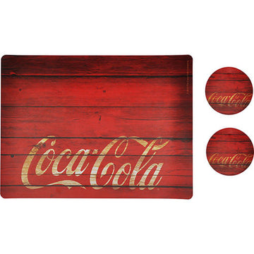 Kit para Mesa (Jogo Americano) - Coca Cola + 2 Porta Copos Textura Madeira